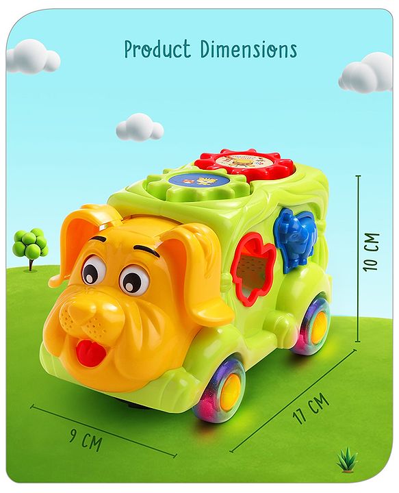 Babyhug 6 in 1 Puppy Musical Bump & Go Car with moving Ear & Eyes| Lights & Music| Dial Phone |Animal Shape Sorter For Toddlers and Kids| BIS Certified| Storage| Time Telling| Cause & Effect - Yellow