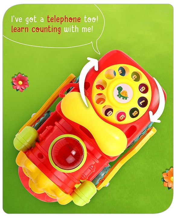 Babyhug 6 in 1 Puppy Musical Bump & Go Car with moving Ear & Eyes| Lights & Music| Dial Phone |Animal Shape Sorter For Toddlers and Kids| BIS Certified| Storage| Time Telling| Cause & Effect - Yellow