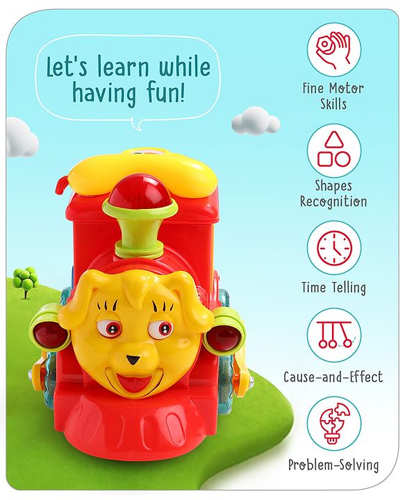 Babyhug 6 in 1 Puppy Musical Bump & Go Car with moving Ear & Eyes| Lights & Music| Dial Phone |Animal Shape Sorter For Toddlers and Kids| BIS Certified| Storage| Time Telling| Cause & Effect - Yellow