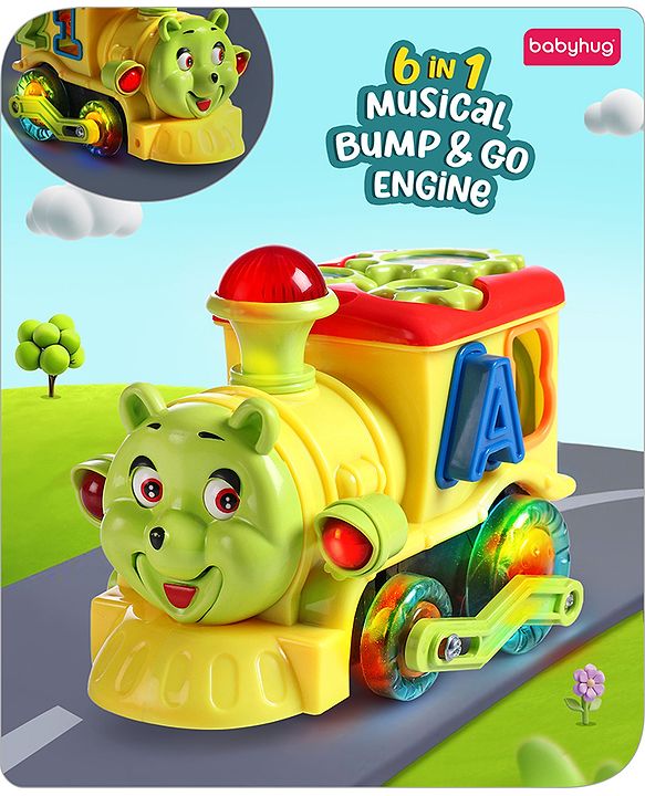 Babyhug 6 in 1 Teddy Shaped Bump & Go Loco Engine with Gears & Shape Sorter For Toddlers and Kids|BIS Aprroved| Moving Eye & Tongue| Light & Music| Numbers & Alphabets| Storage| Time Telling- Yellow