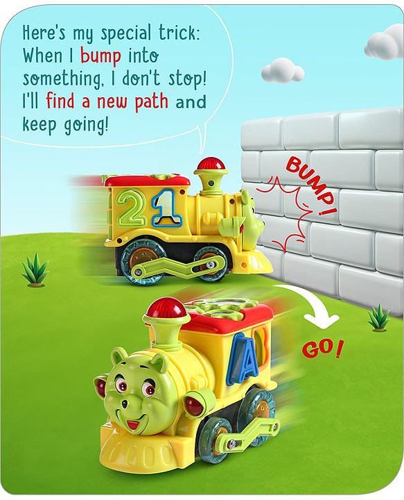 Babyhug 6 in 1 Teddy Shaped Bump & Go Loco Engine with Gears & Shape Sorter For Toddlers and Kids|BIS Aprroved| Moving Eye & Tongue| Light & Music| Numbers & Alphabets| Storage| Time Telling- Yellow