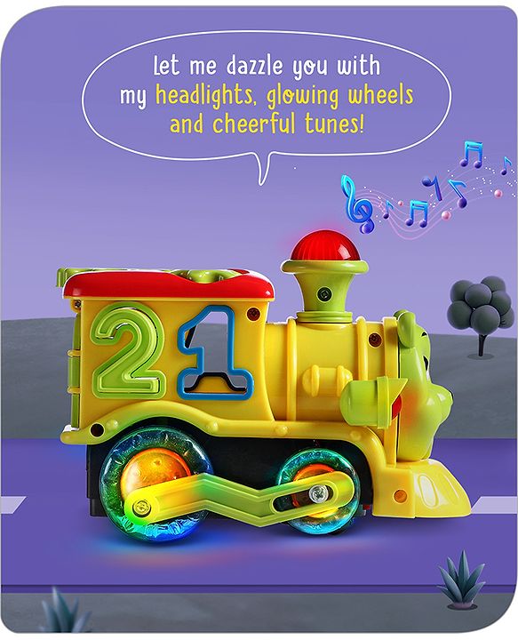 Babyhug 6 in 1 Teddy Shaped Bump & Go Loco Engine with Gears & Shape Sorter For Toddlers and Kids|BIS Aprroved| Moving Eye & Tongue| Light & Music| Numbers & Alphabets| Storage| Time Telling- Yellow