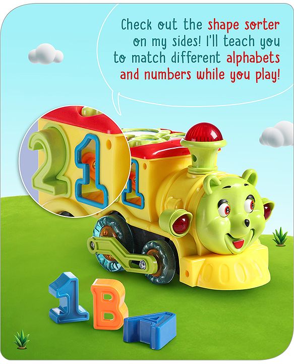Babyhug 6 in 1 Teddy Shaped Bump & Go Loco Engine with Gears & Shape Sorter For Toddlers and Kids|BIS Aprroved| Moving Eye & Tongue| Light & Music| Numbers & Alphabets| Storage| Time Telling- Yellow
