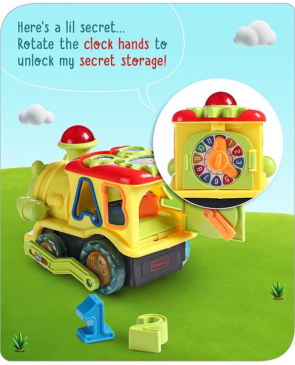 Babyhug 6 in 1 Teddy Shaped Bump & Go Loco Engine with Gears & Shape Sorter For Toddlers and Kids|BIS Aprroved| Moving Eye & Tongue| Light & Music| Numbers & Alphabets| Storage| Time Telling- Yellow
