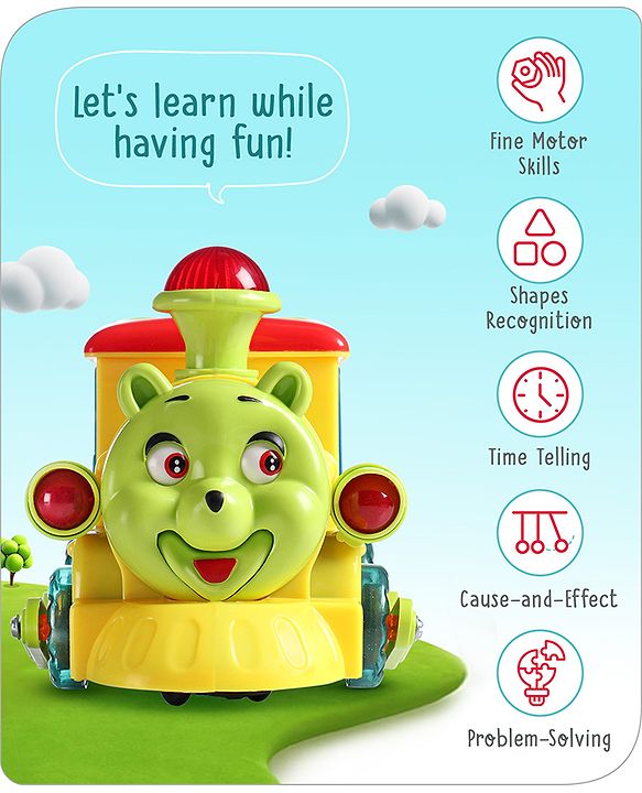 Babyhug 6 in 1 Teddy Shaped Bump & Go Loco Engine with Gears & Shape Sorter For Toddlers and Kids|BIS Aprroved| Moving Eye & Tongue| Light & Music| Numbers & Alphabets| Storage| Time Telling- Yellow