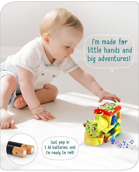 Babyhug 6 in 1 Teddy Shaped Bump & Go Loco Engine with Gears & Shape Sorter For Toddlers and Kids|BIS Aprroved| Moving Eye & Tongue| Light & Music| Numbers & Alphabets| Storage| Time Telling- Yellow