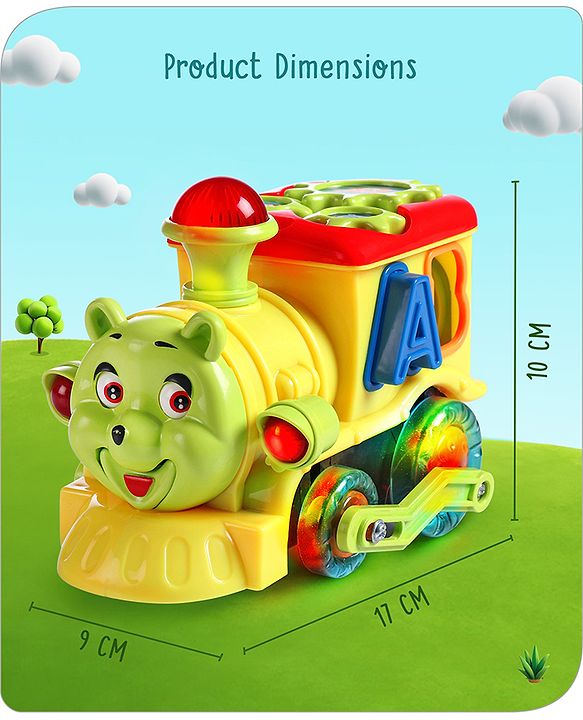 Babyhug 6 in 1 Teddy Shaped Bump & Go Loco Engine with Gears & Shape Sorter For Toddlers and Kids|BIS Aprroved| Moving Eye & Tongue| Light & Music| Numbers & Alphabets| Storage| Time Telling- Yellow