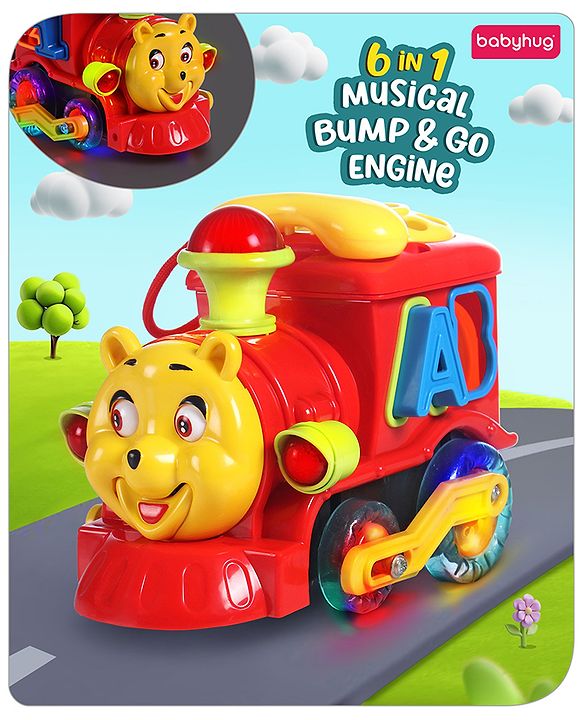 Babyhug 6 in 1 Teddy Shaped Bump & Go Loco Engine with Gears & Shape Sorter For Toddlers and Kids|BIS Aprroved| Moving Eye & Tongue| Light & Music| Numbers & Alphabets| Storage| Time Telling- Yellow