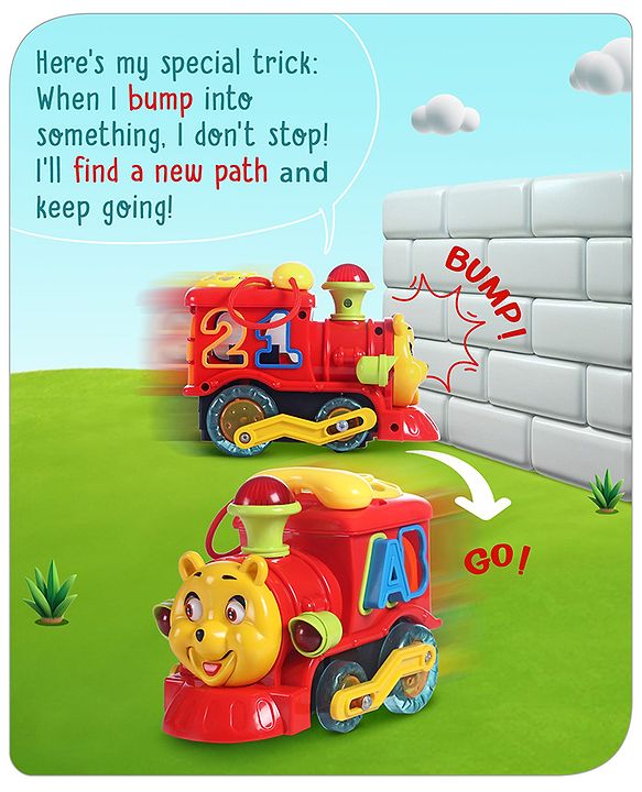 Babyhug 6 in 1 Teddy Shaped Bump & Go Loco Engine with Gears & Shape Sorter For Toddlers and Kids|BIS Aprroved| Moving Eye & Tongue| Light & Music| Numbers & Alphabets| Storage| Time Telling- Yellow