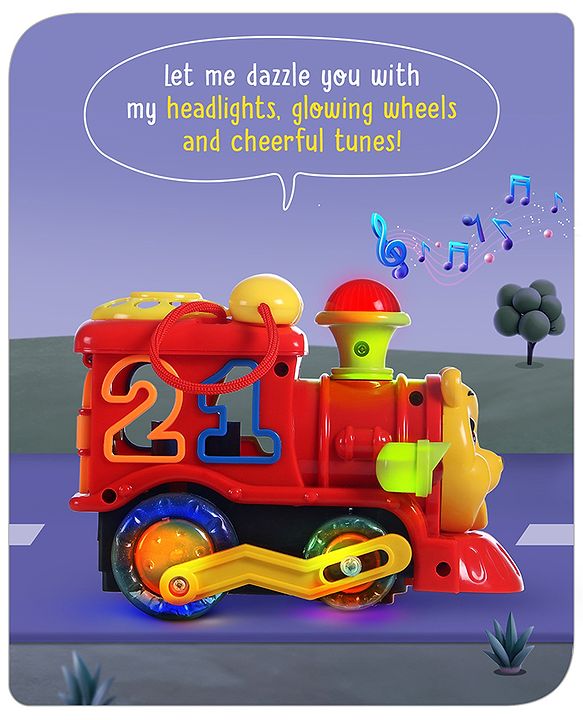 Babyhug 6 in 1 Teddy Shaped Bump & Go Loco Engine with Gears & Shape Sorter For Toddlers and Kids|BIS Aprroved| Moving Eye & Tongue| Light & Music| Numbers & Alphabets| Storage| Time Telling- Yellow