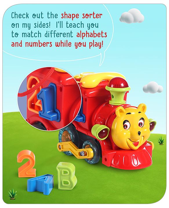 Babyhug 6 in 1 Teddy Shaped Bump & Go Loco Engine with Gears & Shape Sorter For Toddlers and Kids|BIS Aprroved| Moving Eye & Tongue| Light & Music| Numbers & Alphabets| Storage| Time Telling- Yellow