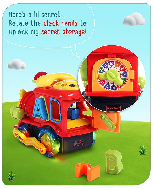 Babyhug 6 in 1 Teddy Shaped Bump & Go Loco Engine with Gears & Shape Sorter For Toddlers and Kids|BIS Aprroved| Moving Eye & Tongue| Light & Music| Numbers & Alphabets| Storage| Time Telling- Yellow