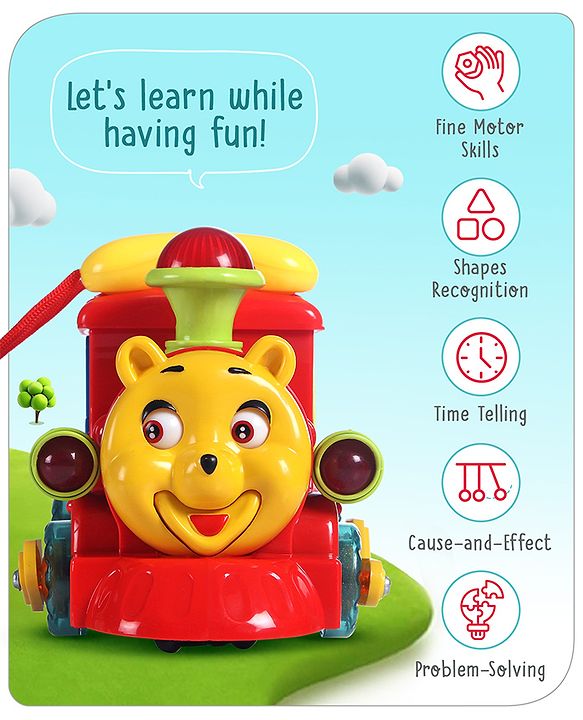 Babyhug 6 in 1 Teddy Shaped Bump & Go Loco Engine with Gears & Shape Sorter For Toddlers and Kids|BIS Aprroved| Moving Eye & Tongue| Light & Music| Numbers & Alphabets| Storage| Time Telling- Yellow