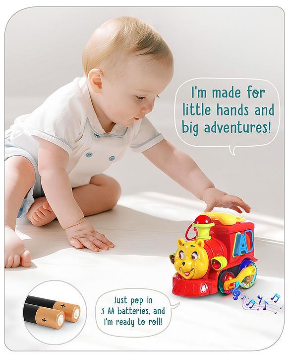 Babyhug 6 in 1 Teddy Shaped Bump & Go Loco Engine with Gears & Shape Sorter For Toddlers and Kids|BIS Aprroved| Moving Eye & Tongue| Light & Music| Numbers & Alphabets| Storage| Time Telling- Yellow