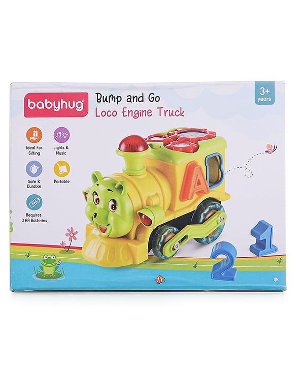 Babyhug 6 in 1 Teddy Shaped Bump & Go Loco Engine with Gears & Shape Sorter For Toddlers and Kids|BIS Aprroved| Moving Eye & Tongue| Light & Music| Numbers & Alphabets| Storage| Time Telling- Yellow