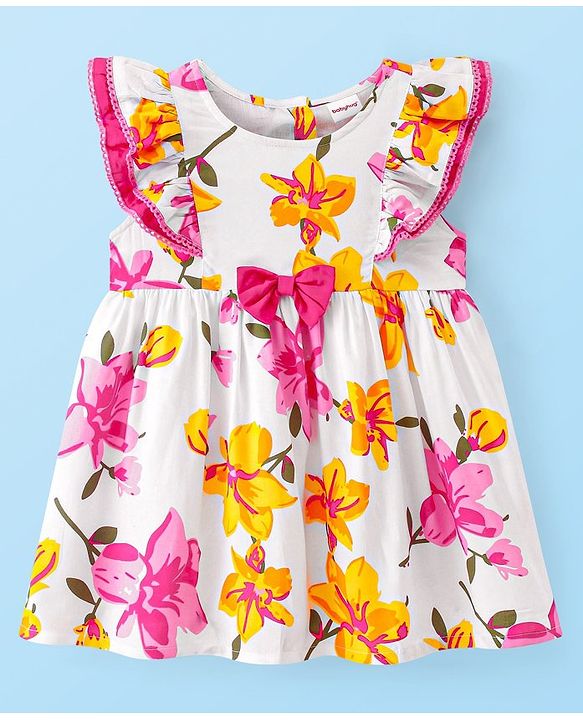 Babyhug Rayon Knit Frill Sleeves Floral Printed with Bow Applique Frock  - White