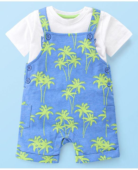 Babyhug 100% Cotton Knit Dungaree & Half Sleeves T-Shirt Set With Text & Tropical Print - Blue & White