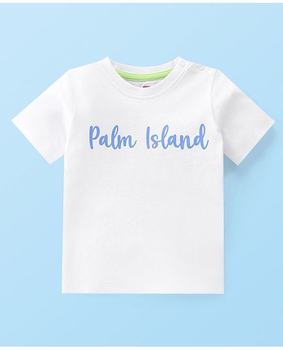 Babyhug 100% Cotton Knit Dungaree & Half Sleeves T-Shirt Set With Text & Tropical Print - Blue & White