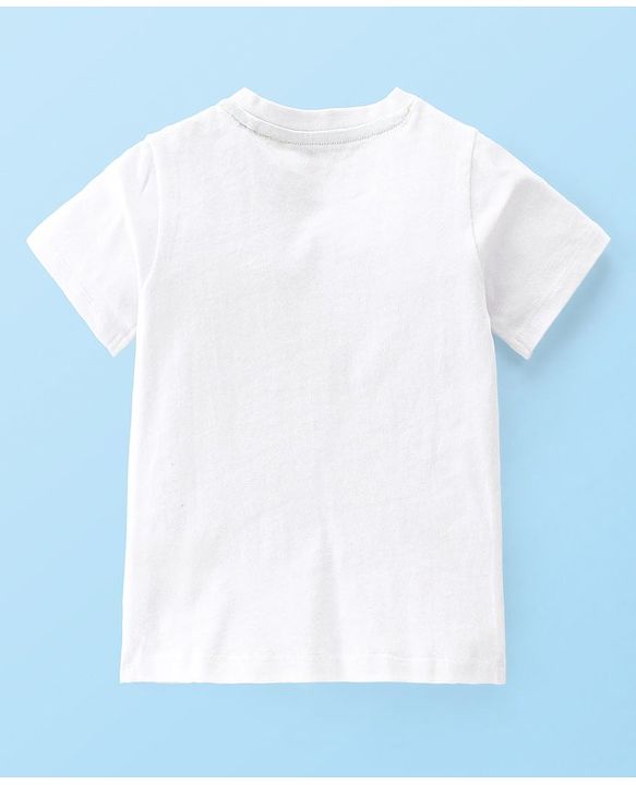 Babyhug 100% Cotton Knit Dungaree & Half Sleeves T-Shirt Set With Text & Tropical Print - Blue & White