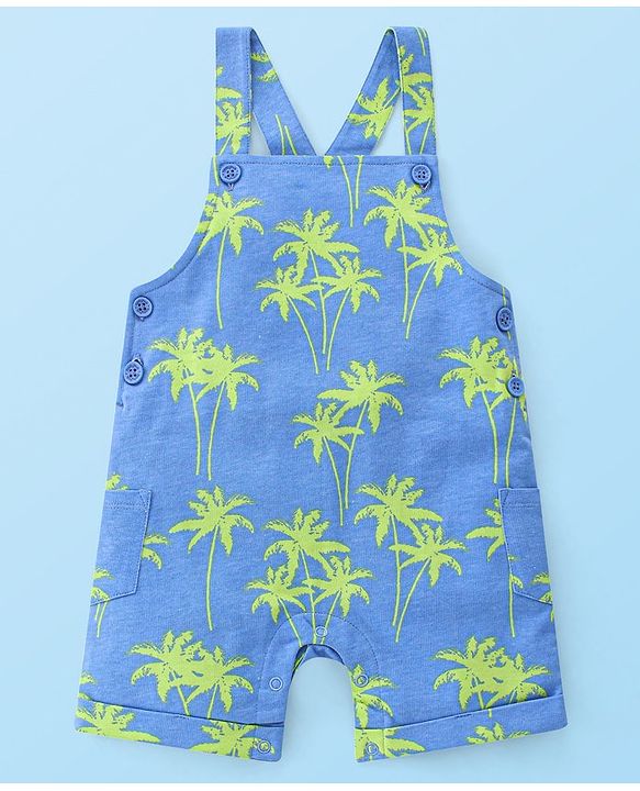 Babyhug 100% Cotton Knit Dungaree & Half Sleeves T-Shirt Set With Text & Tropical Print - Blue & White