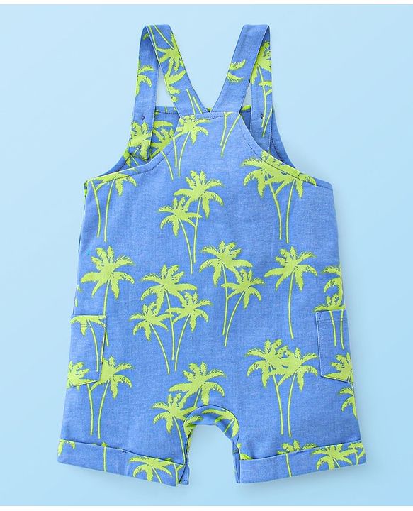 Babyhug 100% Cotton Knit Dungaree & Half Sleeves T-Shirt Set With Text & Tropical Print - Blue & White