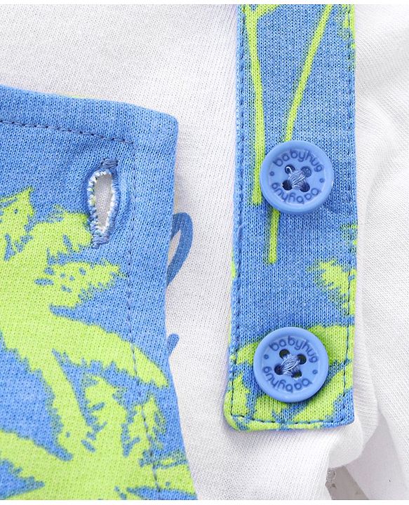 Babyhug 100% Cotton Knit Dungaree & Half Sleeves T-Shirt Set With Text & Tropical Print - Blue & White