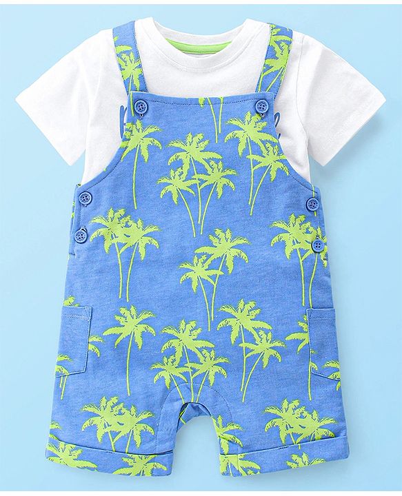 Babyhug 100% Cotton Knit Dungaree & Half Sleeves T-Shirt Set With Text & Tropical Print - Blue & White