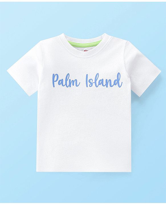 Babyhug 100% Cotton Knit Dungaree & Half Sleeves T-Shirt Set With Text & Tropical Print - Blue & White