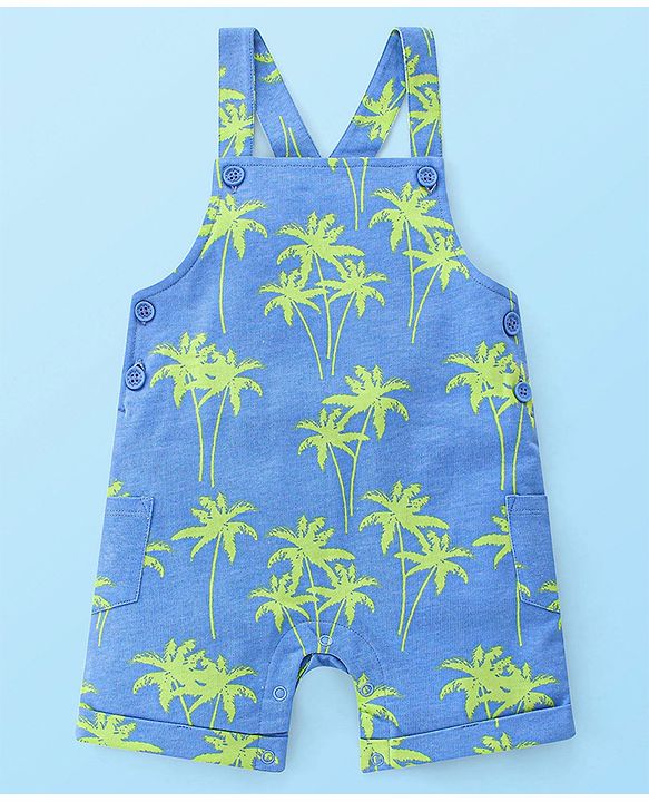 Babyhug 100% Cotton Knit Dungaree & Half Sleeves T-Shirt Set With Text & Tropical Print - Blue & White