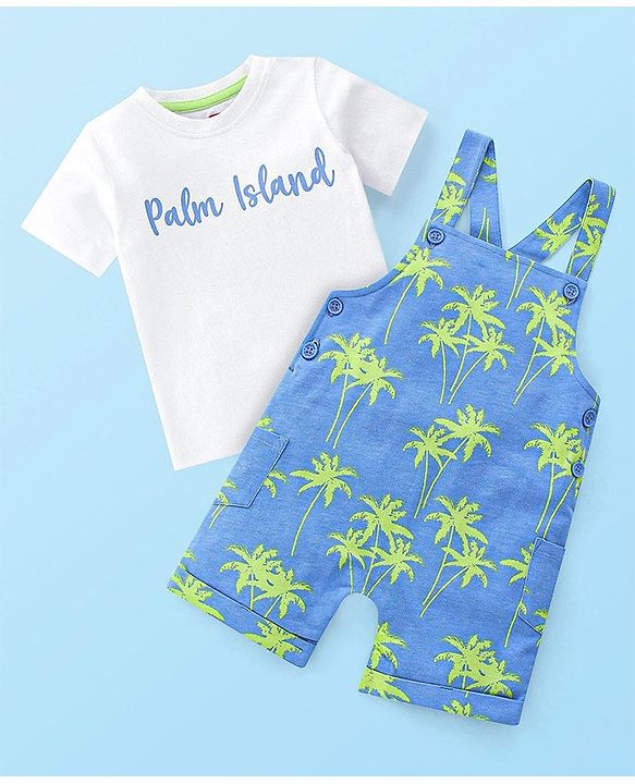 Babyhug 100% Cotton Knit Dungaree & Half Sleeves T-Shirt Set With Text & Tropical Print - Blue & White