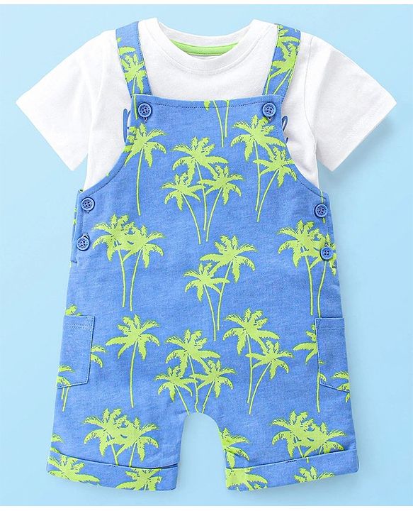 Babyhug 100% Cotton Knit Dungaree & Half Sleeves T-Shirt Set With Text & Tropical Print - Blue & White