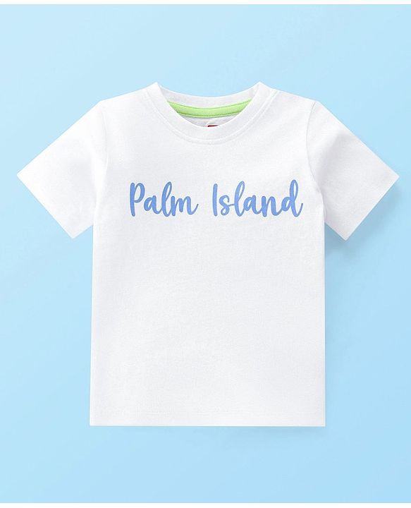 Babyhug 100% Cotton Knit Dungaree & Half Sleeves T-Shirt Set With Text & Tropical Print - Blue & White