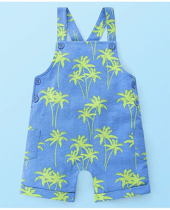 Babyhug 100% Cotton Knit Dungaree & Half Sleeves T-Shirt Set With Text & Tropical Print - Blue & White