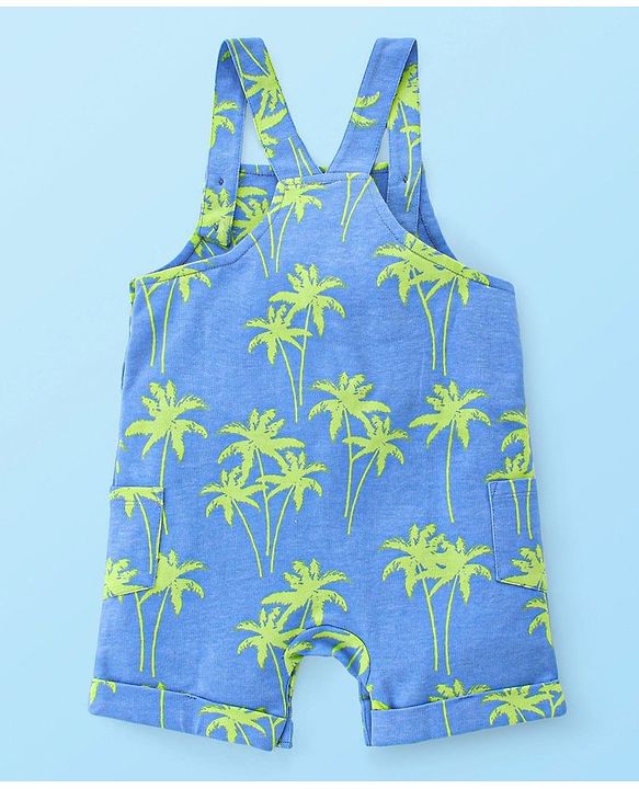 Babyhug 100% Cotton Knit Dungaree & Half Sleeves T-Shirt Set With Text & Tropical Print - Blue & White