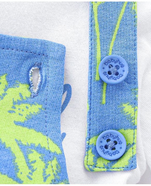 Babyhug 100% Cotton Knit Dungaree & Half Sleeves T-Shirt Set With Text & Tropical Print - Blue & White