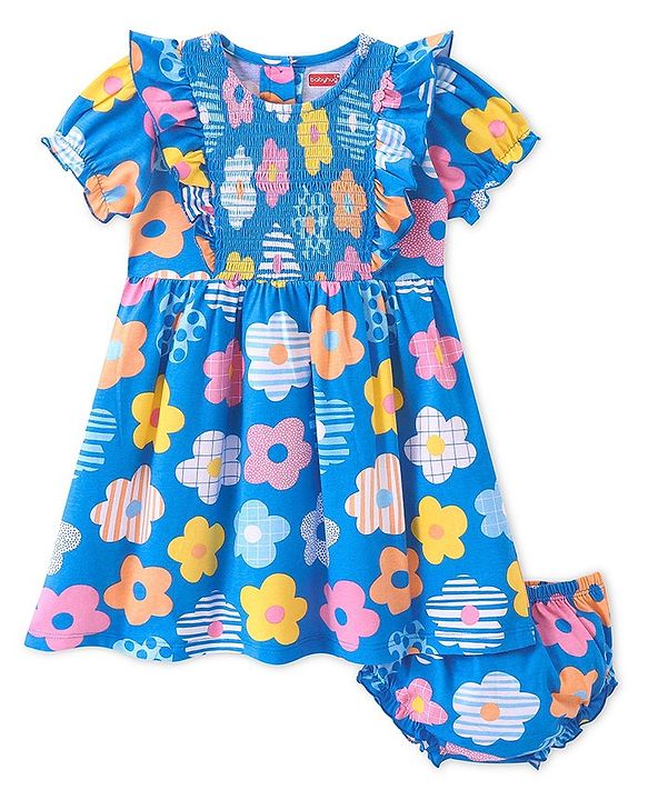 Babyhug 100% Cotton Single Jersey Knit Half Sleeves Frock With Bloomer Floral Print - Blue