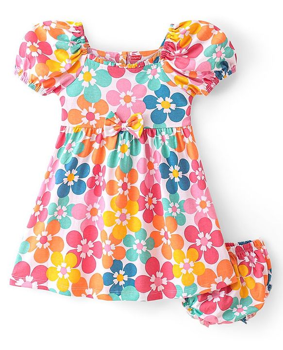 Babyhug 100% Cotton Single Jersey Knit Half Sleeves Frock With Bloomer Floral Print - Multicolor