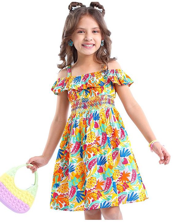 Babyhug 100% Viscose Woven Sleeveless Off Shoulder Frock Fruits Print - Multicolour