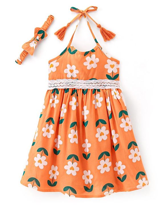 Babyhug 100% Viscose Woven Sleeveless Frock with Head Band Floral Print -Orange