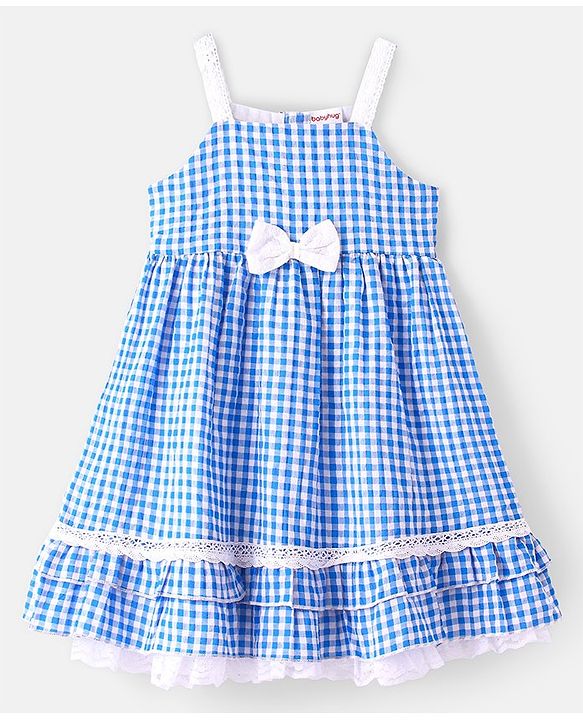 Babyhug Woven Sleeveless Frock Checks Print With Bow Applique - Blue
