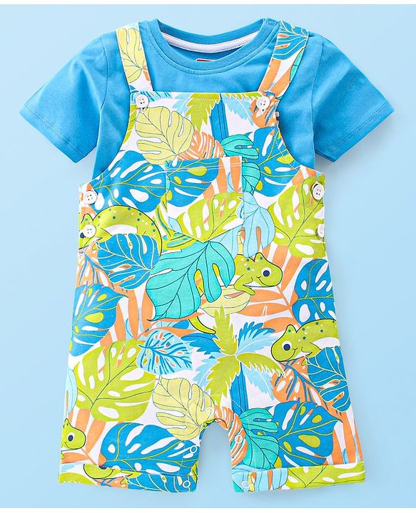 Babyhug 100% Cotton Knit Dungaree & Half Sleeves T-Shirt Set With Text & Tropical Print - Blue & Green