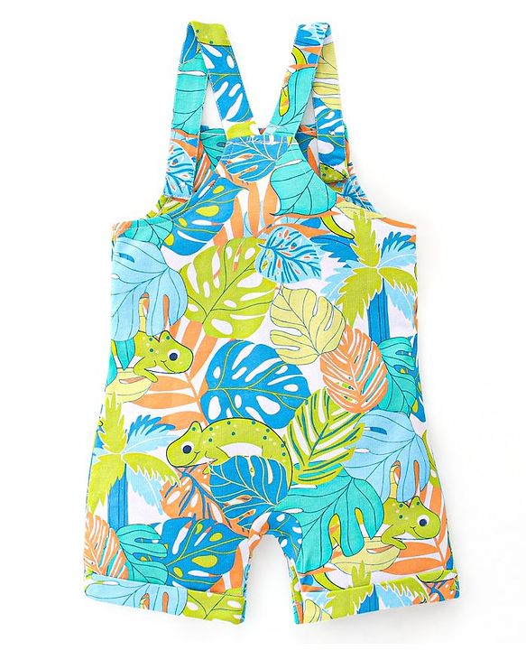 Babyhug 100% Cotton Knit Dungaree & Half Sleeves T-Shirt Set With Text & Tropical Print - Blue & Green