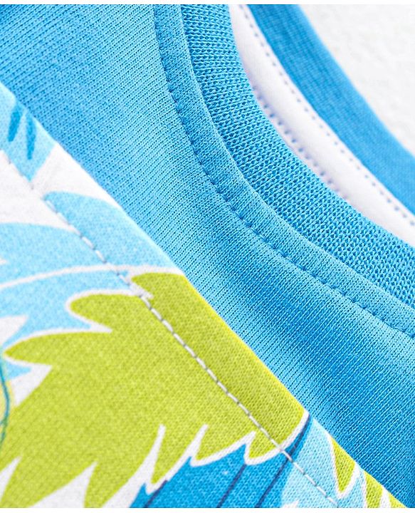 Babyhug 100% Cotton Knit Dungaree & Half Sleeves T-Shirt Set With Text & Tropical Print - Blue & Green