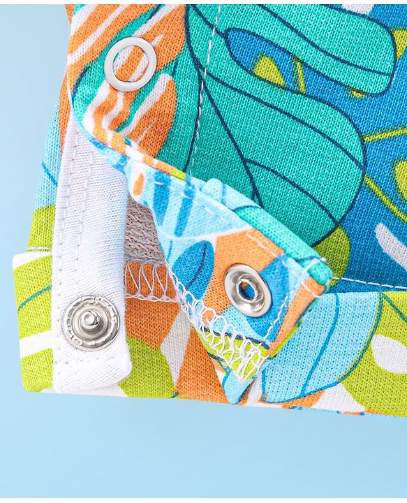 Babyhug 100% Cotton Knit Dungaree & Half Sleeves T-Shirt Set With Text & Tropical Print - Blue & Green