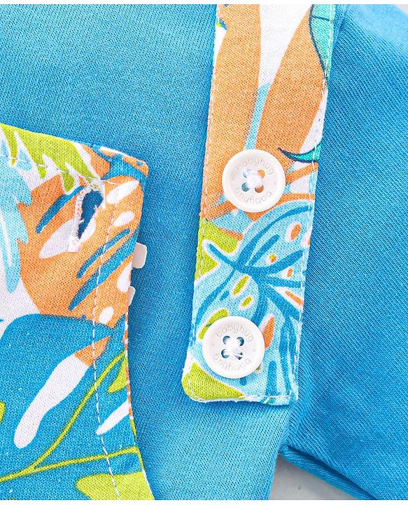 Babyhug 100% Cotton Knit Dungaree & Half Sleeves T-Shirt Set With Text & Tropical Print - Blue & Green