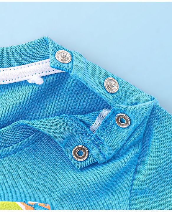 Babyhug 100% Cotton Knit Dungaree & Half Sleeves T-Shirt Set With Text & Tropical Print - Blue & Green