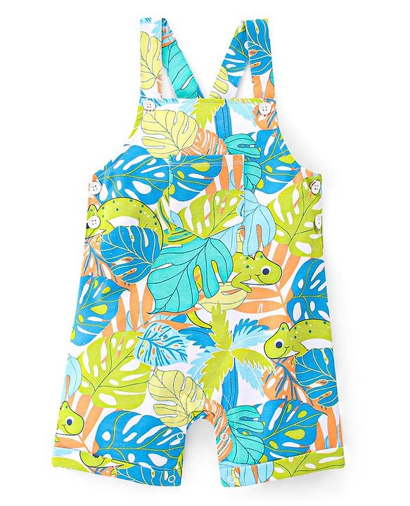 Babyhug 100% Cotton Knit Dungaree & Half Sleeves T-Shirt Set With Text & Tropical Print - Blue & Green