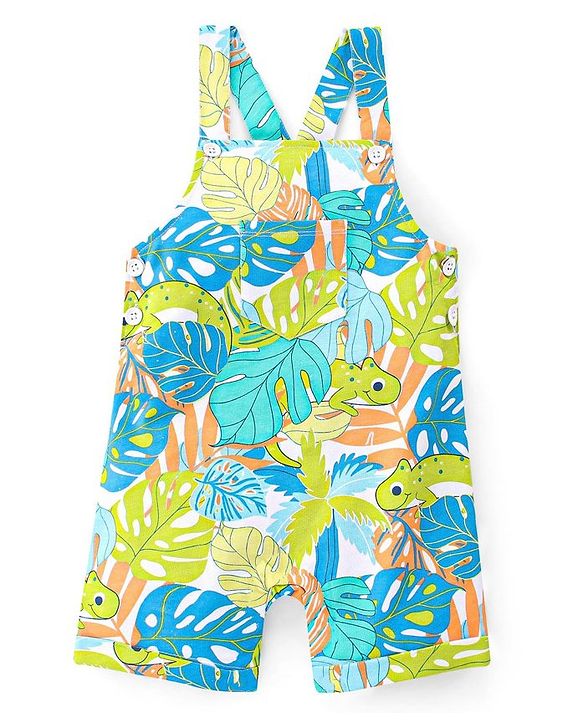 Babyhug 100% Cotton Knit Dungaree & Half Sleeves T-Shirt Set With Text & Tropical Print - Blue & Green