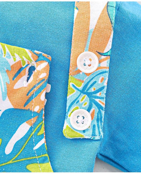 Babyhug 100% Cotton Knit Dungaree & Half Sleeves T-Shirt Set With Text & Tropical Print - Blue & Green