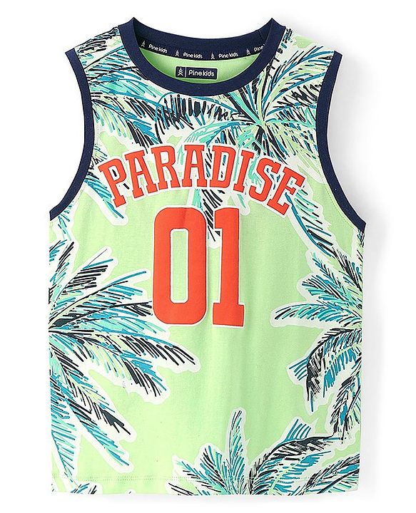 Pine Kids Cotton Sleeveless Tank T-Shirt Tropical Print - Paradise Green